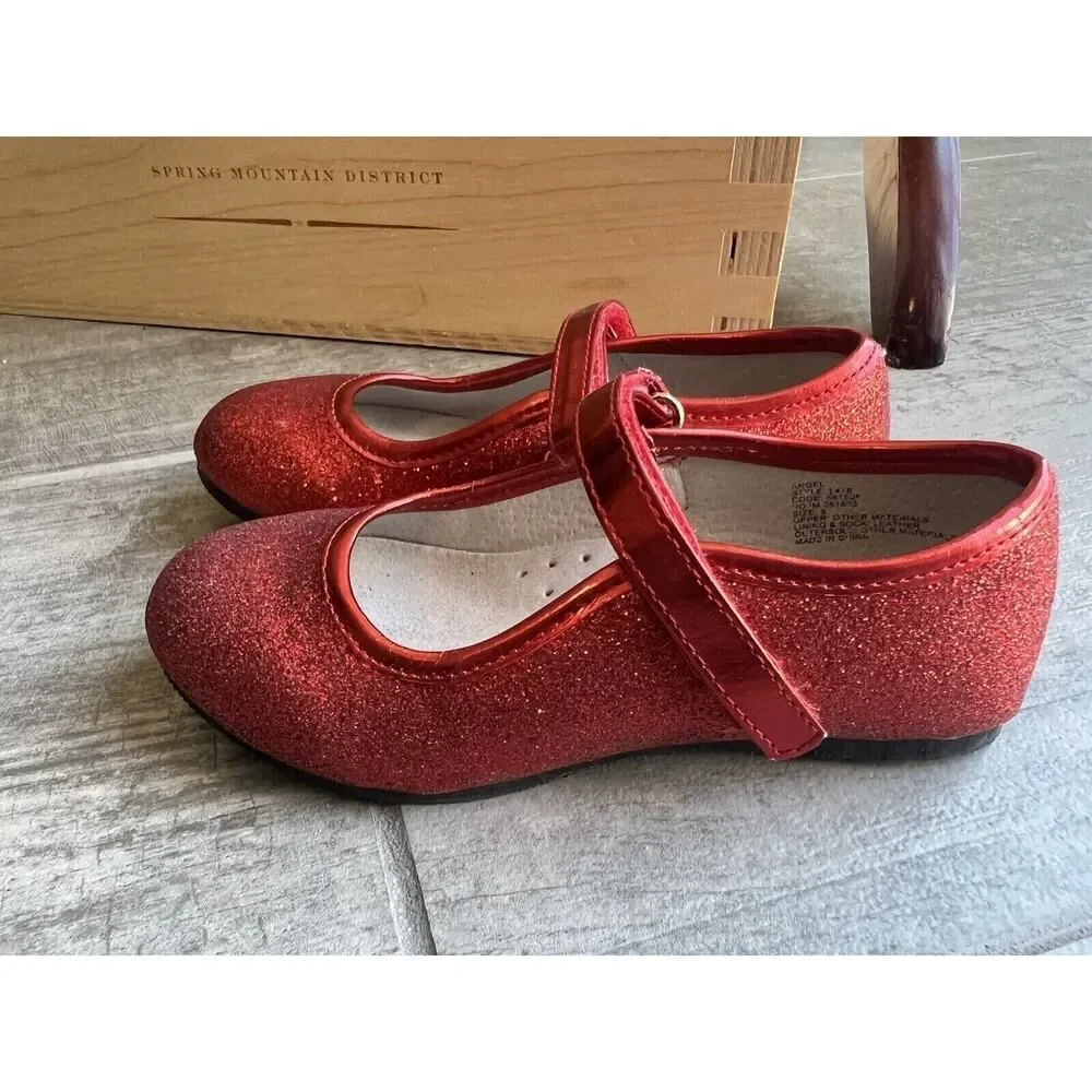 Angel Girls Glitter Mary Jane Red Leather Lining Dorothy Ruby Slippers Holiday 9